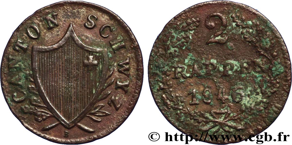SWITZERLAND - cantons coinage 2 Rappen - Canton de Schwyz 1846  XF 