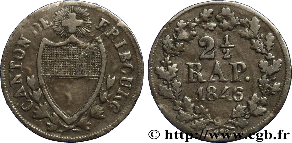 SWITZERLAND - CANTON OF FRIBOURG 2 1/2 Rappen - Canton de Fribourg 1846  XF 