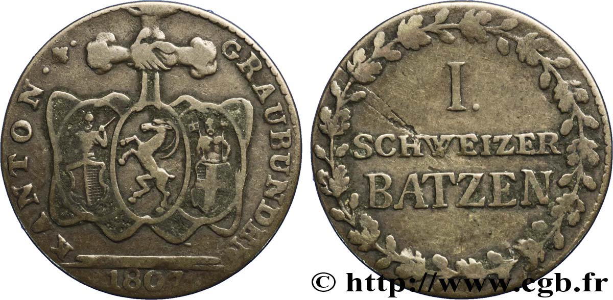 SWITZERLAND - cantons coinage 1 Batzen - Canton de Graubunden 1807  VF 