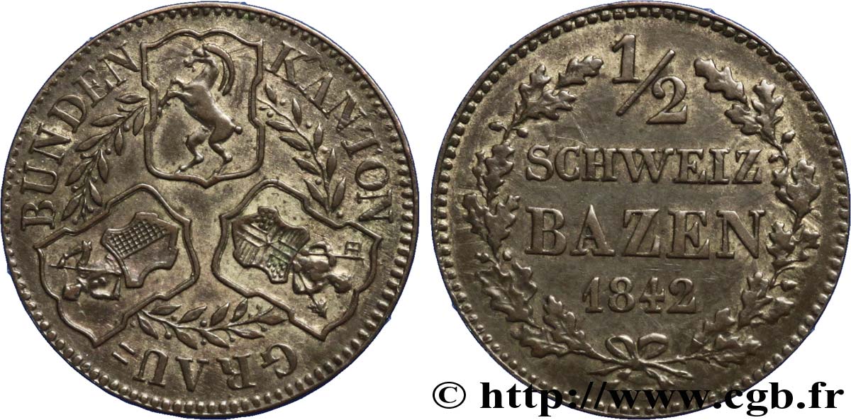 SVIZZERA - monete cantonali 1/2 Batzen - Canton de Graubunden 1842  q.SPL 