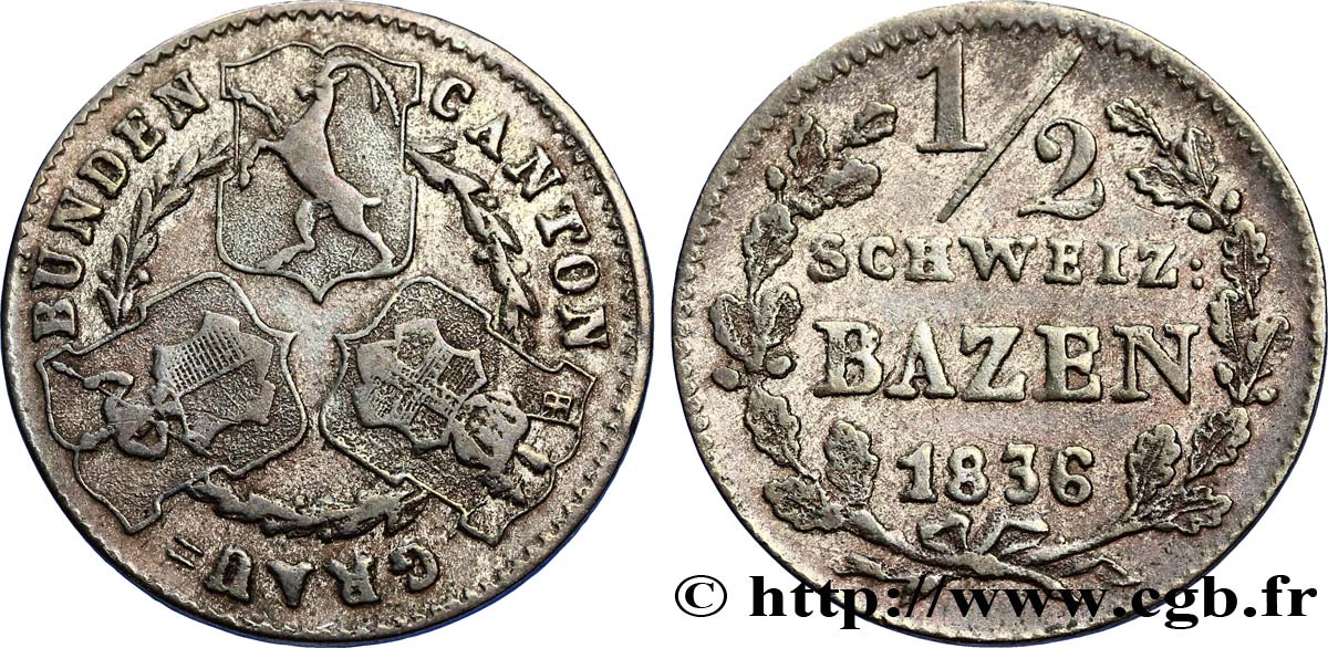 SWITZERLAND - cantons coinage 1/2 Batzen - Canton de Graubunden 1836  XF 