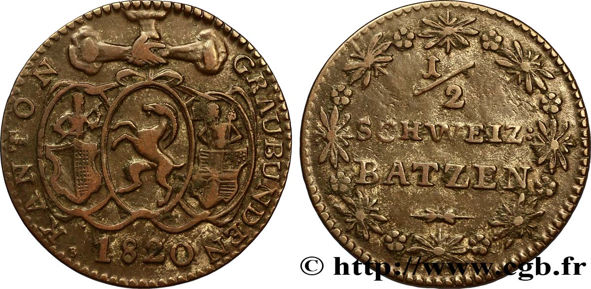 SWITZERLAND - Cantons  coinages 1/2 Batzen - Canton de Graubunden 1820  XF 