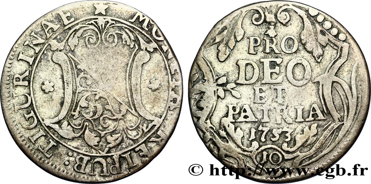 SVIZZERA - CANTON ZURIGO 10 Schilling (1/2 Gulden) - Canton de Zurich 1753  MB 