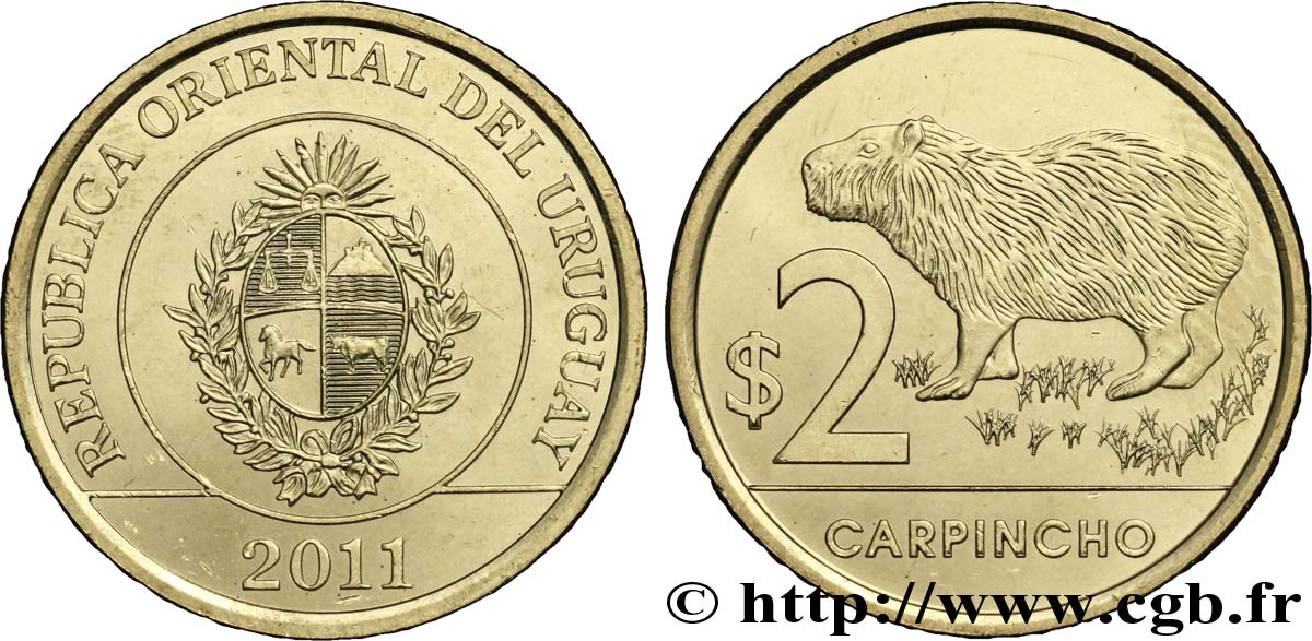 URUGUAY 2 Pesos emblème / capybara 2011 Madrid MS 