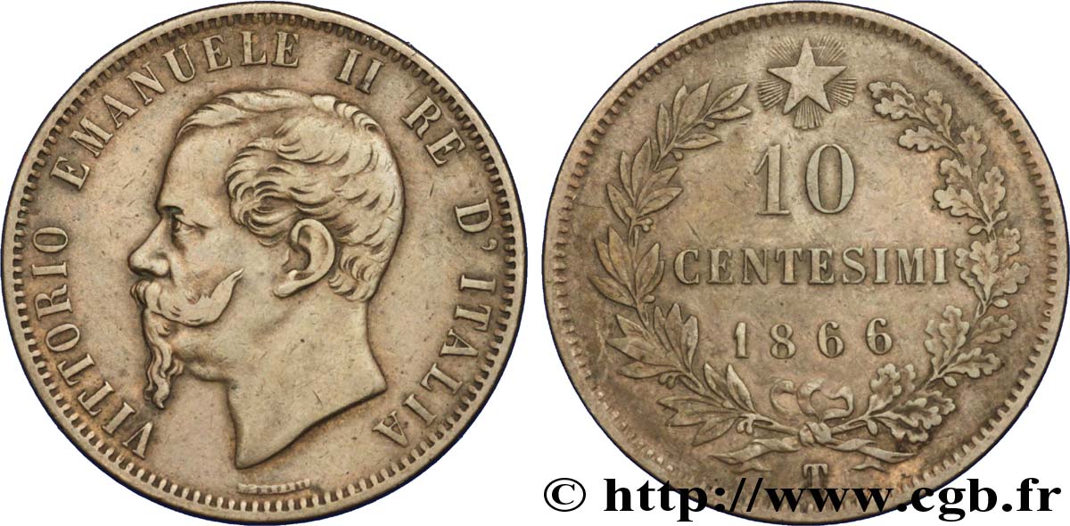ITALIEN 10 Centesimi Royaume d’Italie Victor Emmanuel II 1866 Turin SS 
