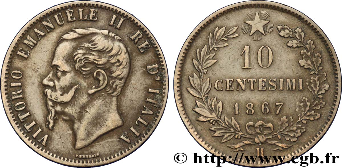 ITALY 10 Centesimi Royaume d’Italie Victor Emmanuel II 1867 Birmingham XF 
