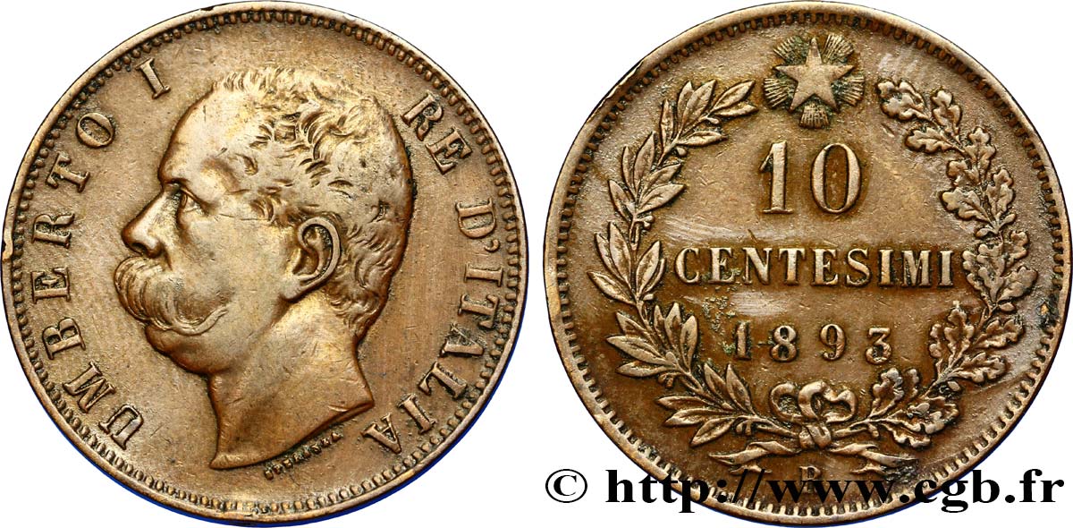 ITALIE 10 Centesimi Humbert Ier 1893 Rome - R TTB 
