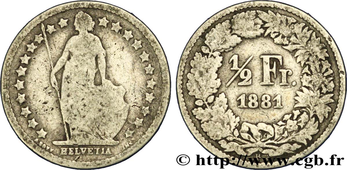 SWITZERLAND 1/2 Franc Helvetia 1881 Berne VF 