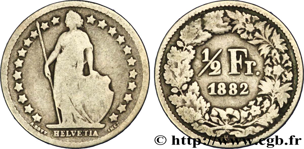 SWITZERLAND 1/2 Franc Helvetia 1882 Berne - B VF 