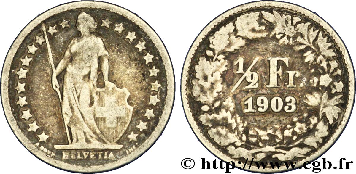 SWITZERLAND 1/2 Franc Helvetia 1903 Berne VF 