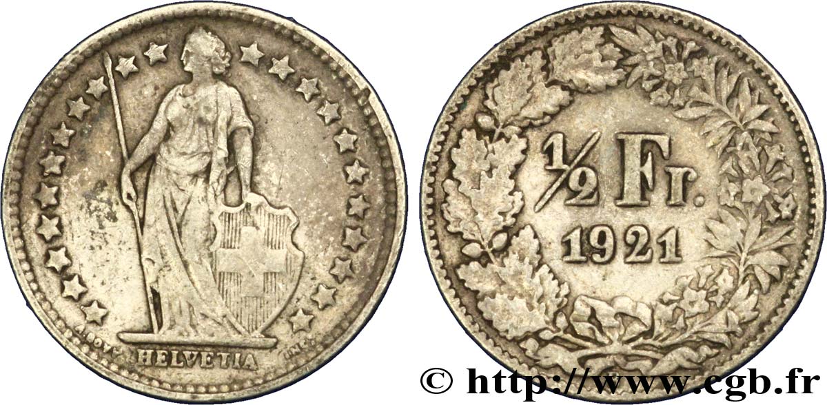SWITZERLAND 1/2 Franc Helvetia 1921 Berne - B VF 