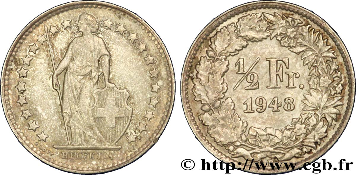 SUIZA 1/2 Franc Helvetia 1948 Berne EBC 