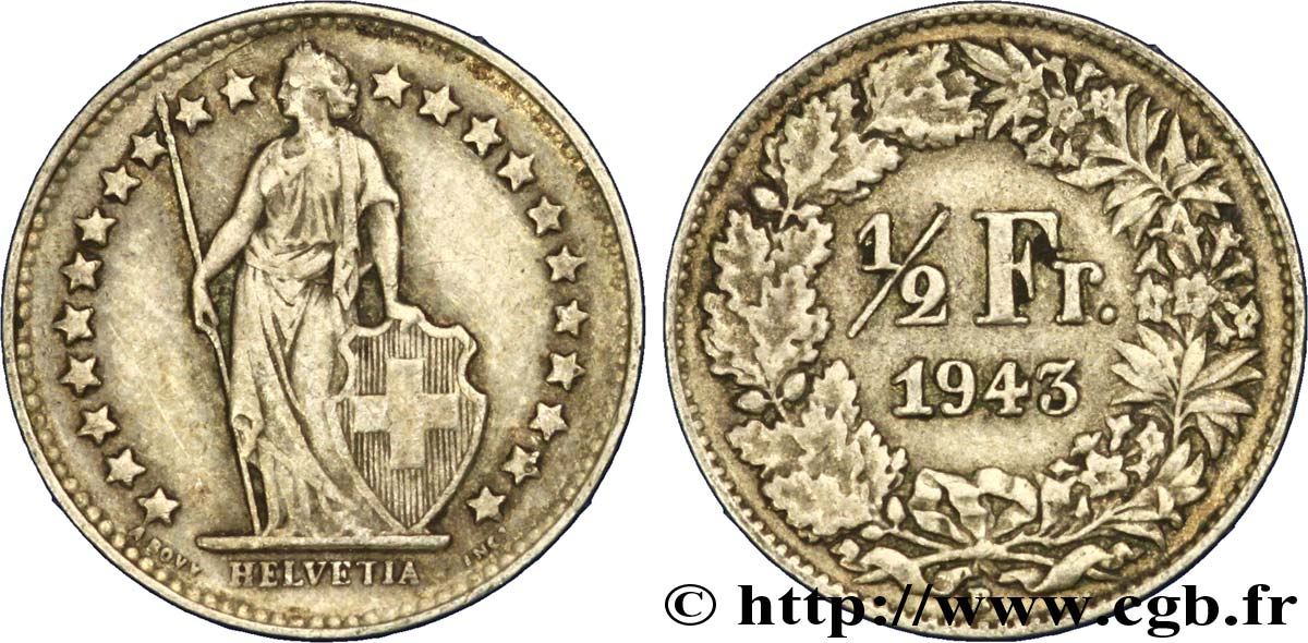 SWITZERLAND 1/2 Franc Helvetia 1943 Berne - B AU 