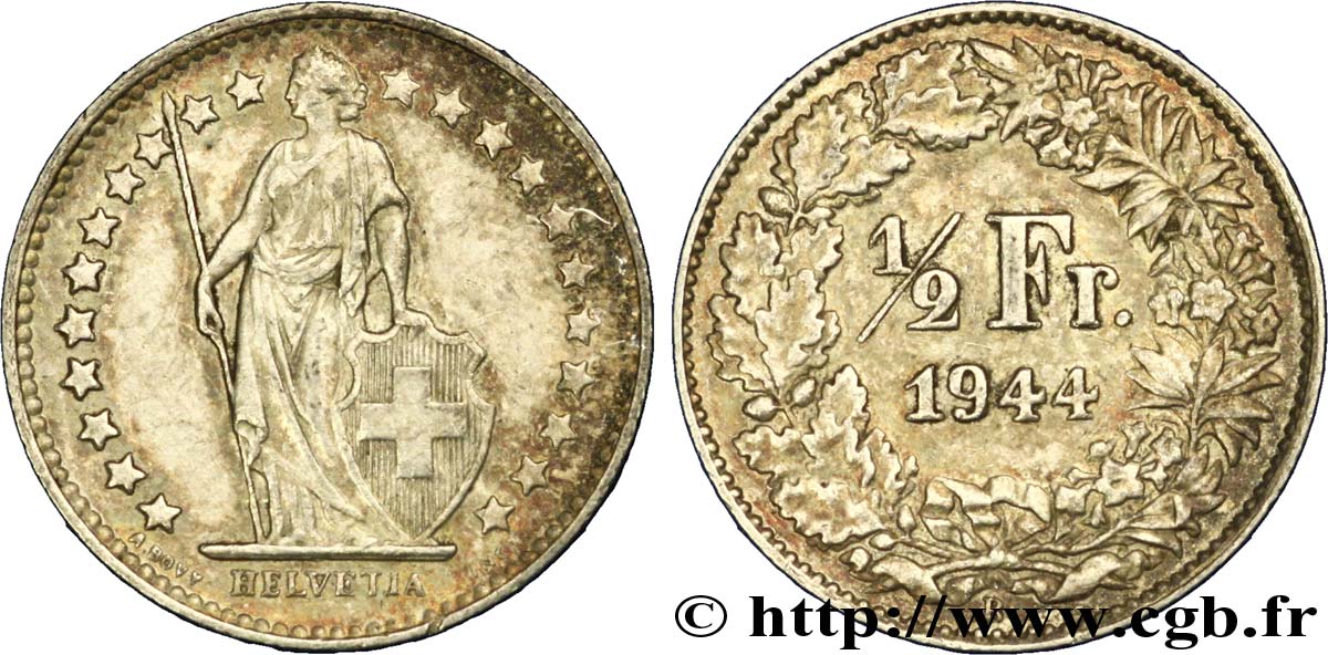 SWITZERLAND 1/2 Franc Helvetia 1944 Berne AU 