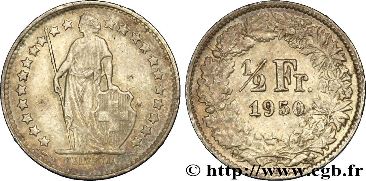 SWITZERLAND 1/2 Franc Helvetia 1950 Berne AU 