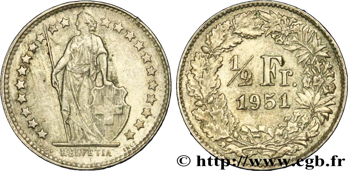 SWITZERLAND 1/2 Franc Helvetia 1951 Berne AU 
