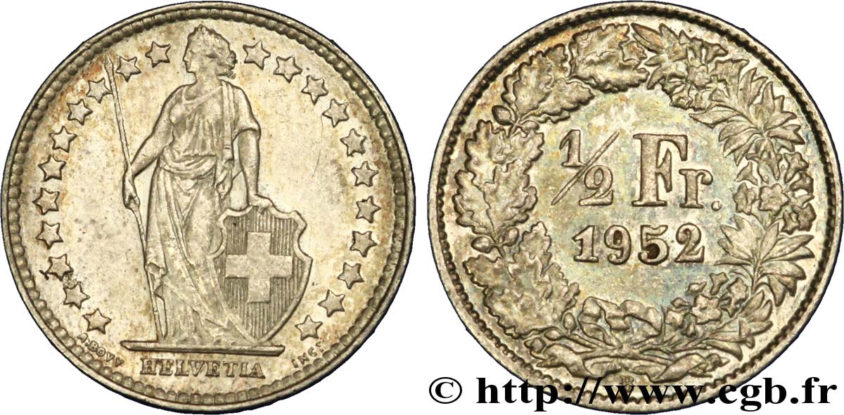 SUISSE 1/2 Franc Helvetia 1952 Berne TTB+ 
