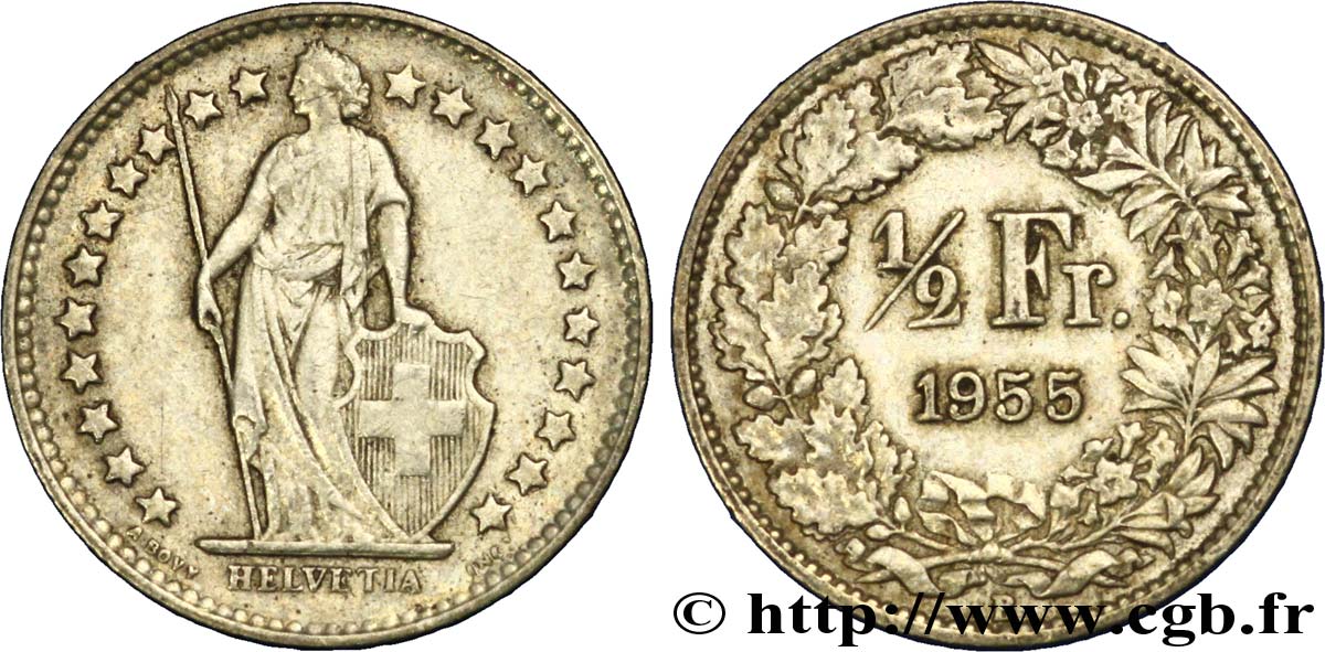 SWITZERLAND 1/2 Franc Helvetia 1953 Berne AU 