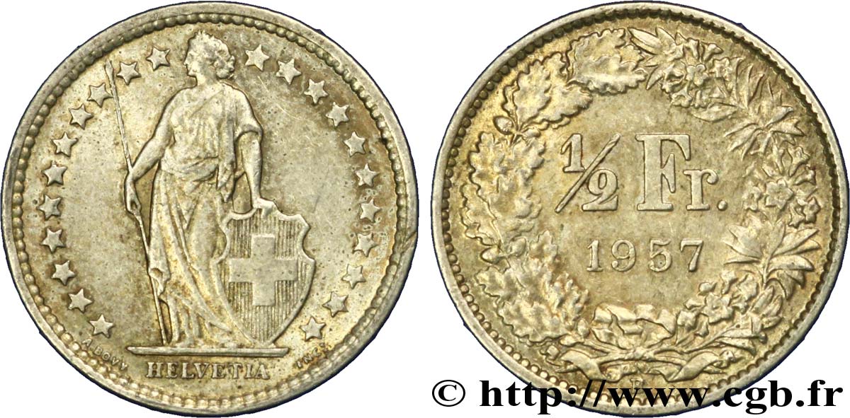 SWITZERLAND 1/2 Franc Helvetia 1957 Berne AU 