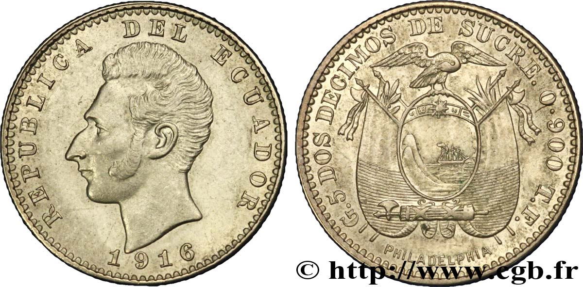 ÉQUATEUR 2 Decimos de Sucre Antonio Jose de Sucre / blason 1916 Philadelphie SUP 