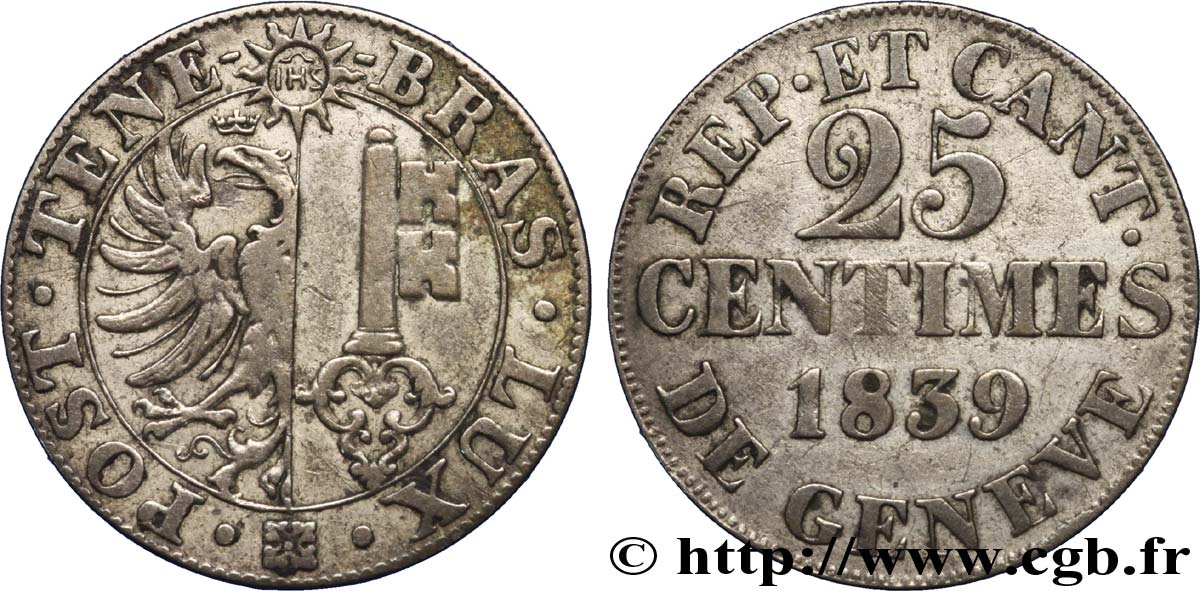 SWITZERLAND - REPUBLIC OF GENEVA 25 Centimes - Canton de Genève 1839  XF 