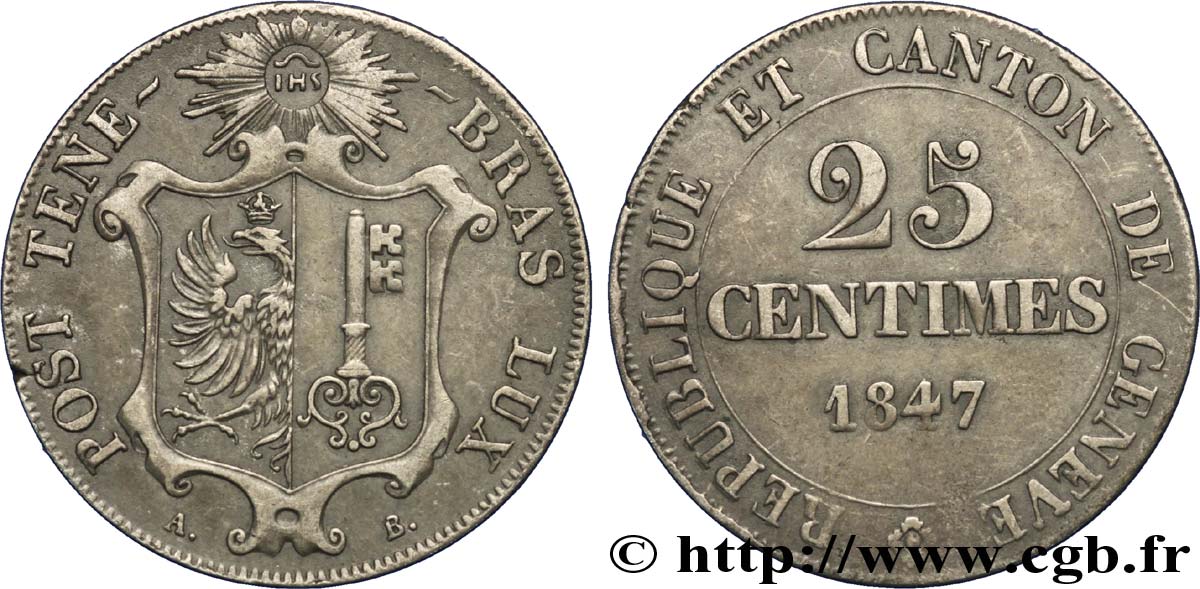 SUISSE - RÉPUBLIQUE DE GENÈVE 25 Centimes - Canton de Genève 1847  TTB+ 