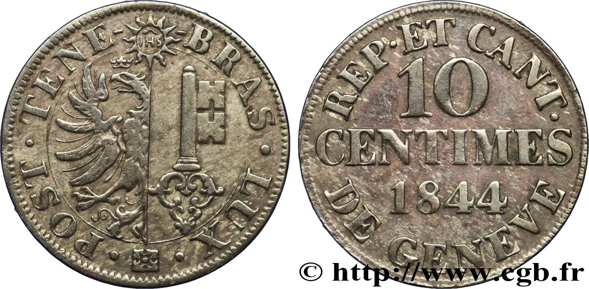SWITZERLAND - REPUBLIC OF GENEVA 10 Centimes - Canton de Genève 1844  VF 