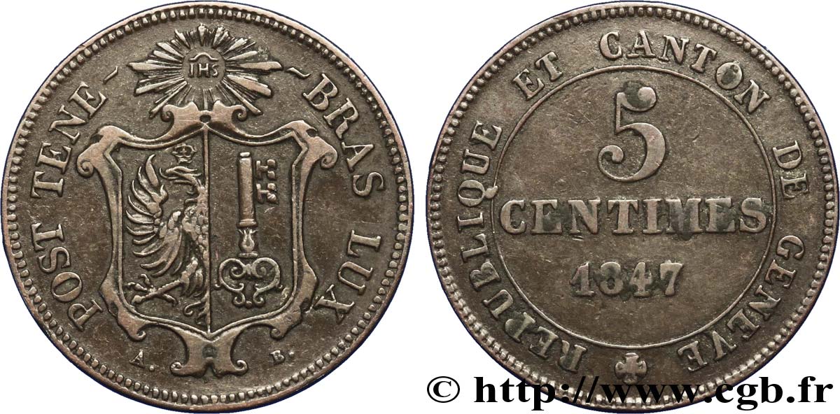 SWITZERLAND - REPUBLIC OF GENEVA 5 Centimes - Canton de Genève 1847  XF 