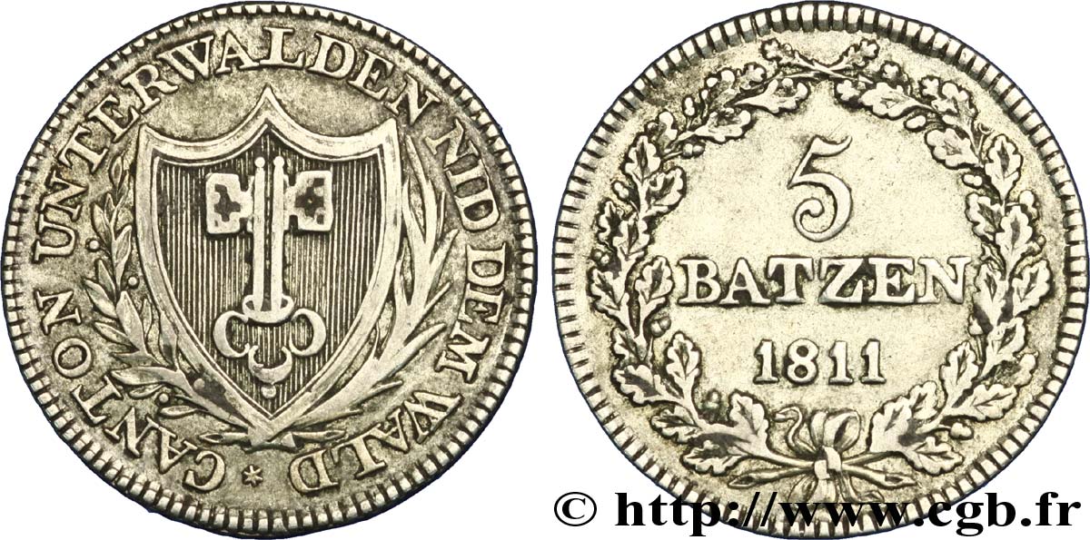 SWITZERLAND - cantons coinage 5 Batzen - Canton de Nidwald 1809  XF 