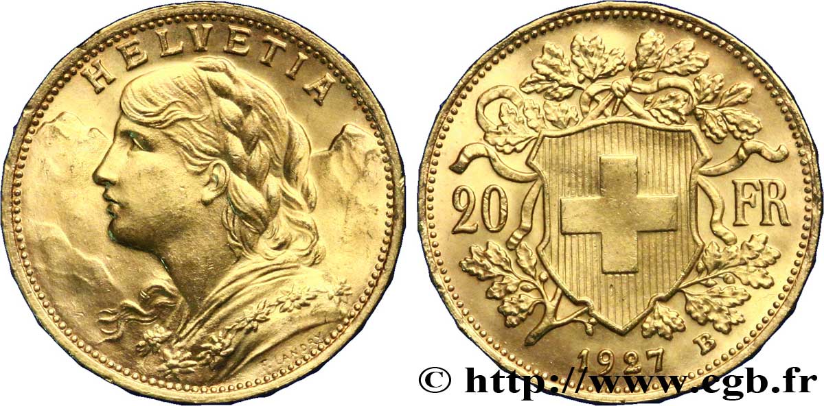 SWITZERLAND 20 Francs or  Vreneli  jeune fille / croix suisse 1927 Berne - B AU 