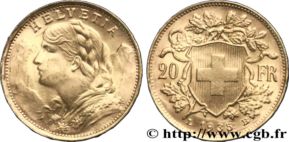SUISSE 20 Francs or  Vreneli  1935 Berne SUP 