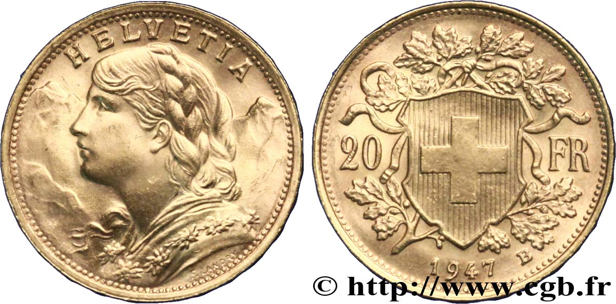 SVIZZERA  20 Francs or  Vreneli  jeune fille / croix suisse 1947 Berne - B SPL 