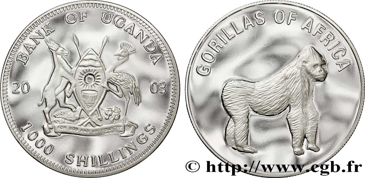 UGANDA 1000 Shillings Proof série Gorilles d’Afrique : emblème / gorille debout 2003  SC 