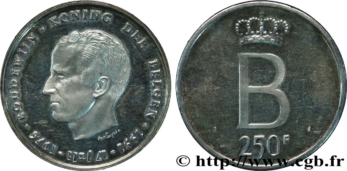 BELGIUM 250 Francs Proof jubilé d’argent du roi Baudouin légende flamande 1976 Bruxelles AU 