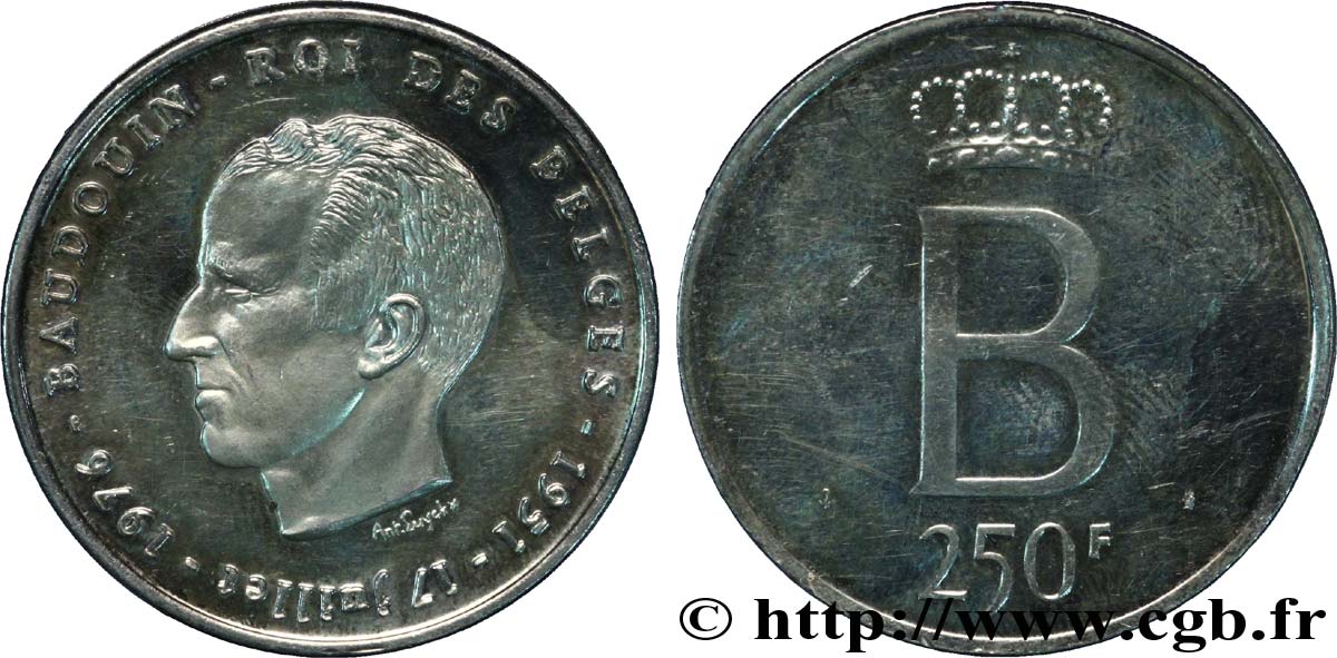 BELGIEN 250 Francs Proof jubilé d’argent du roi Baudouin légende française 1976 Bruxelles VZ 