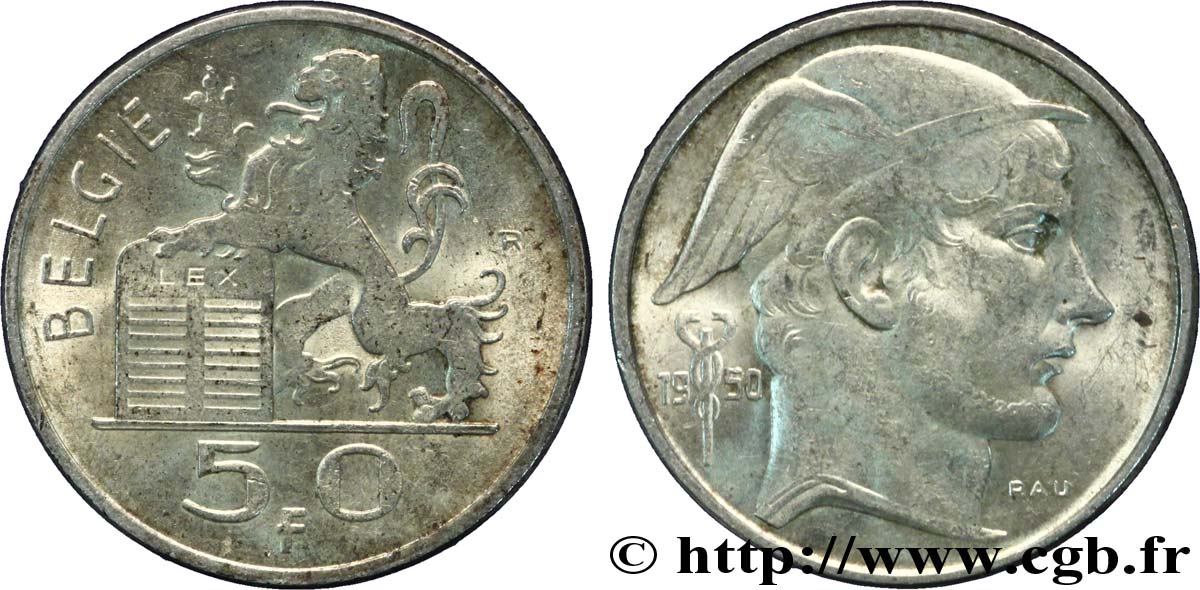 BELGIEN 50 Francs lion posé sur les tables de la loi / Mercure légende flamande 1950  VZ 