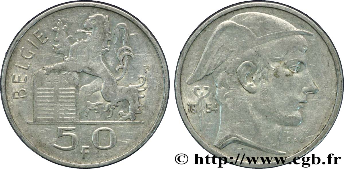 BELGIEN 50 Francs lion posé sur les tables de la loi / Mercure légende flamande 1954  VZ 