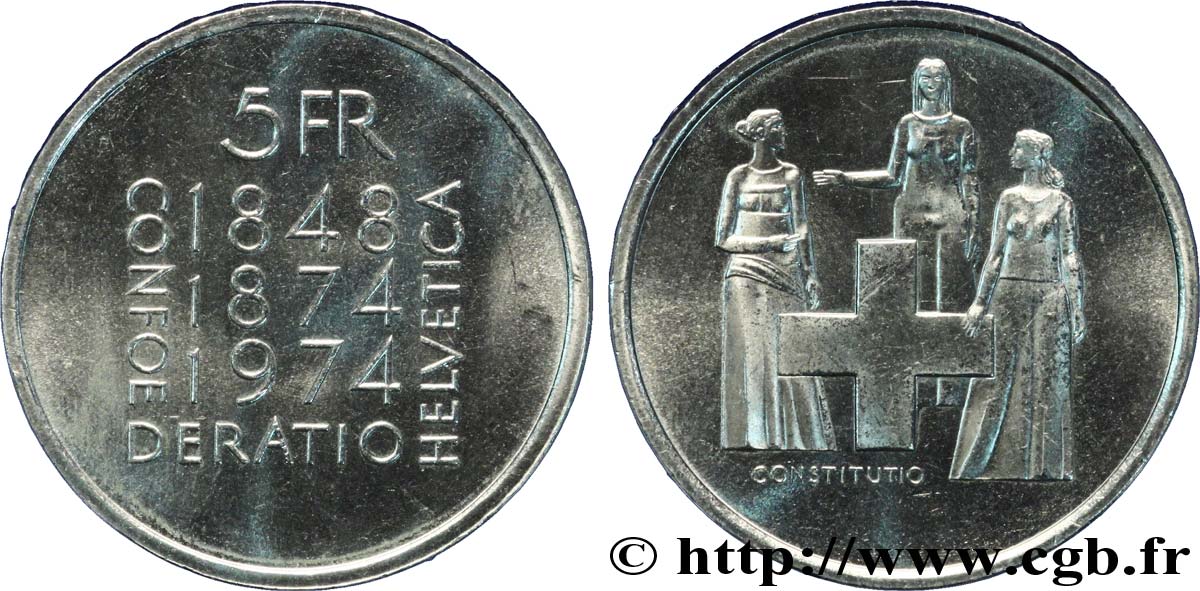 SUIZA 5 Francs centenaire de la révision de la constitution 1974 Berne - B EBC 