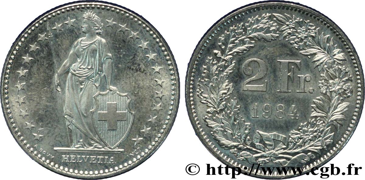 SWITZERLAND 2 Francs Helvetia 1984 Berne - B MS 