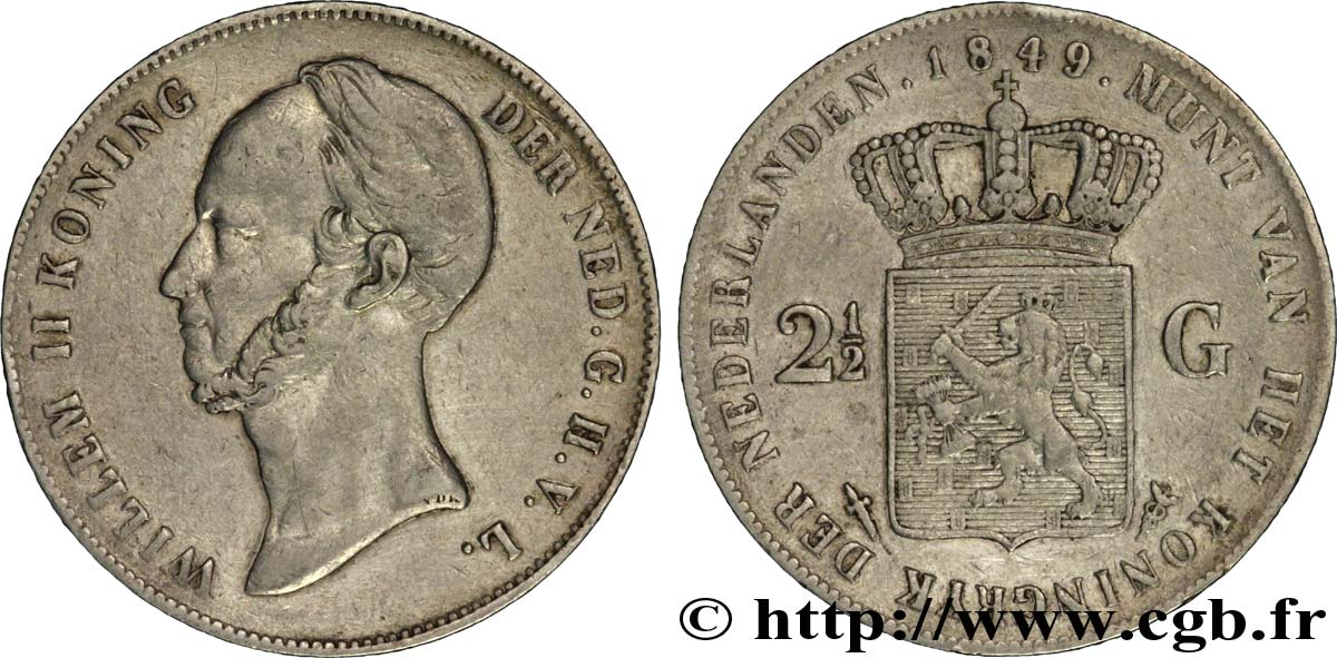 NETHERLANDS 2 1/2 Gulden Guillaume II 1849 Utrecht VF 