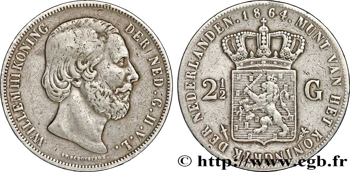 PAYS-BAS 2 1/2 Gulden Guillaume III 1864 Utrecht TB+ 