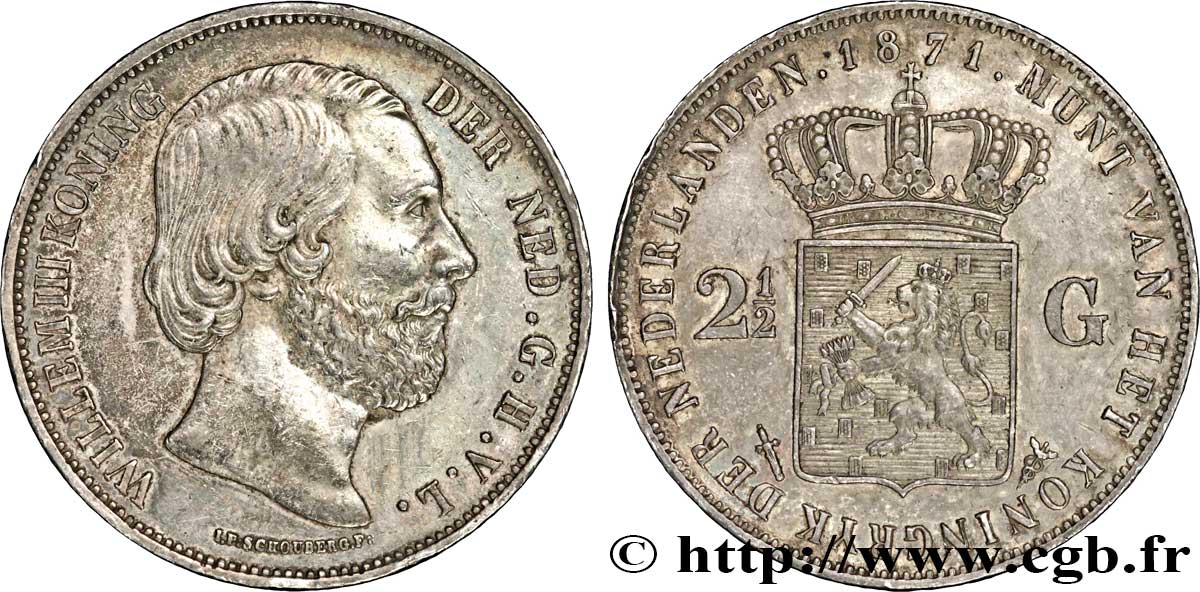 NETHERLANDS 2 1/2 Gulden Guillaume III 1871 Utrecht AU 