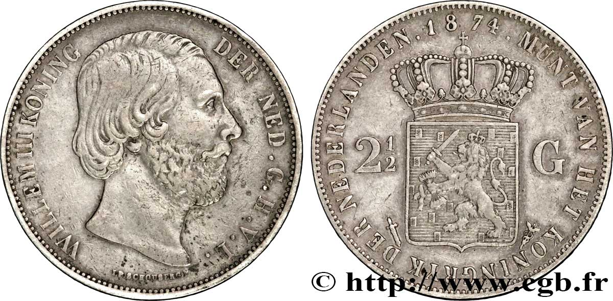 NIEDERLANDE 2 1/2 Gulden Guillaume III 1874 Utrecht SS 