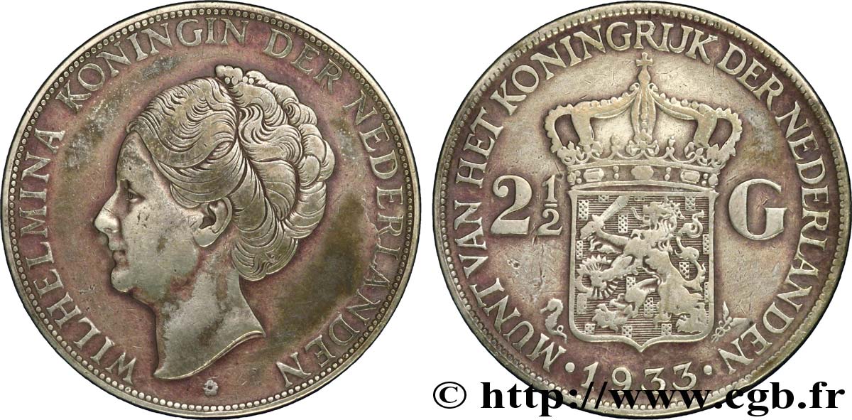 NETHERLANDS 2 1/2 Gulden Wilhelmina 1933  VF 