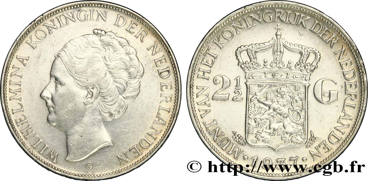 NETHERLANDS 2 1/2 Gulden Wilhelmina 1937 Utrecht AU/AU 