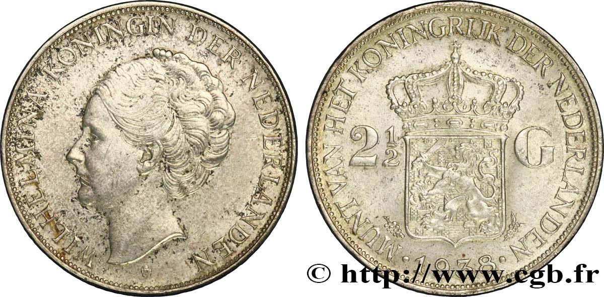 PAYS-BAS 2 1/2 Gulden Wilhelmina 1938 Utrecht TTB+/SUP 