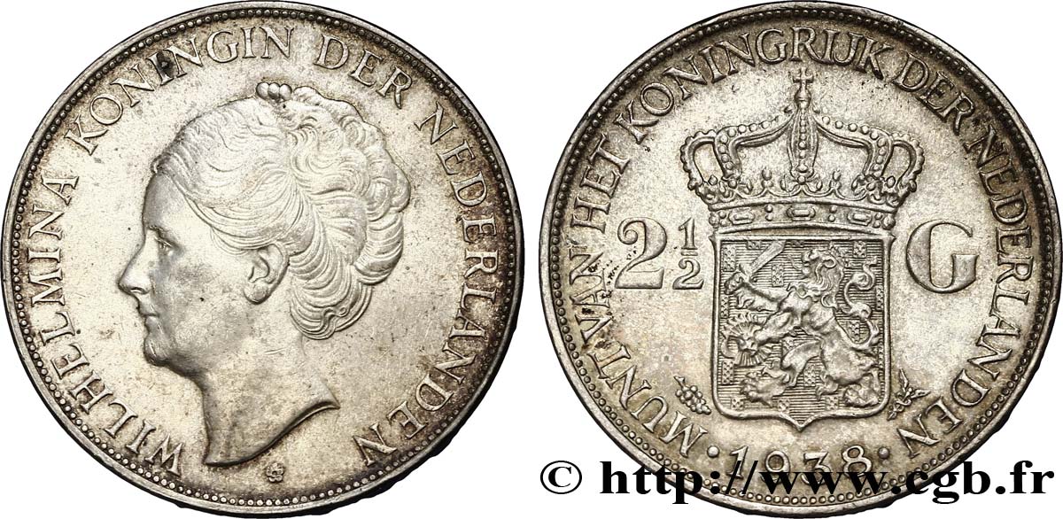PAESI BASSI 2 1/2 Gulden Wilhelmina 1938 Utrecht SPL 