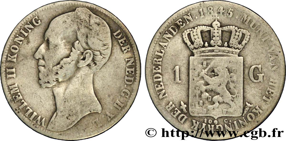 NETHERLANDS 1 Gulden Guillaume II 1845 Utrecht VF 