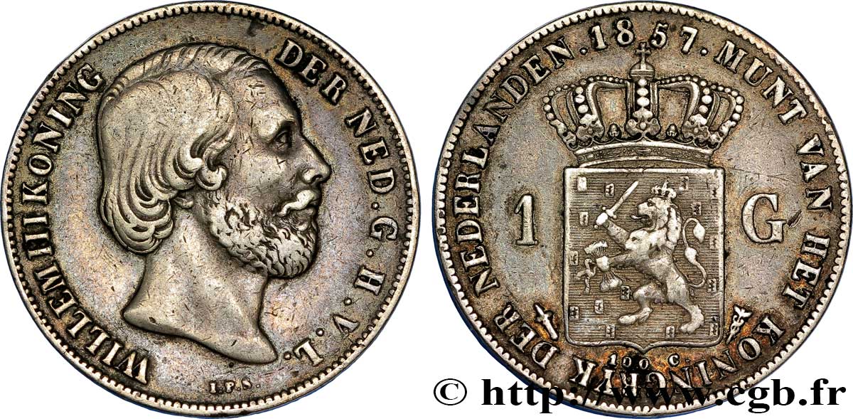 NETHERLANDS 1 Gulden Guillaume III 1857 Utrecht XF 