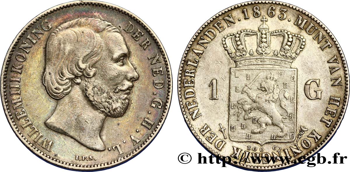NETHERLANDS 1 Gulden Guillaume III 1863 Utrecht AU 